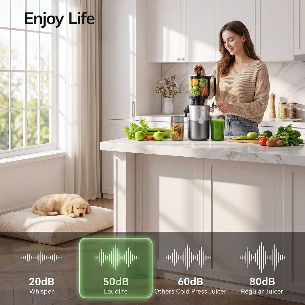 Cold Press Juicer, 5.4" Large Feed Chute Slow Masticating Juicer, High Juice Yield, Ultra Quiet, Easy Clean, BPA Free, Ideal Self-Feeding Juicer for Whole Fruits & Vegetables, Gray